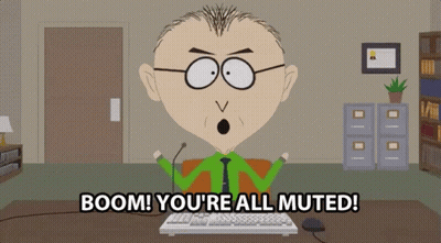 A Cartoon Character Says Boom You 'Re All Muted While Sitting At A Desk GIF