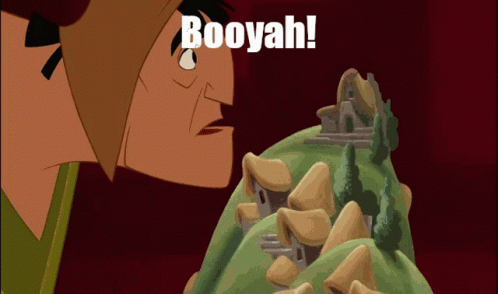 A Cartoon Character Says Booyah While Looking At A Model Of A Village GIF