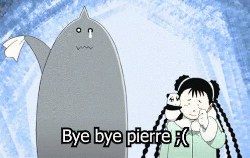 A Cartoon Character Says Bye Bye Pierre Next To A Panda GIF
