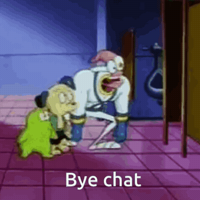 A Cartoon Character Says Bye Chat In Front Of A Toilet GIF