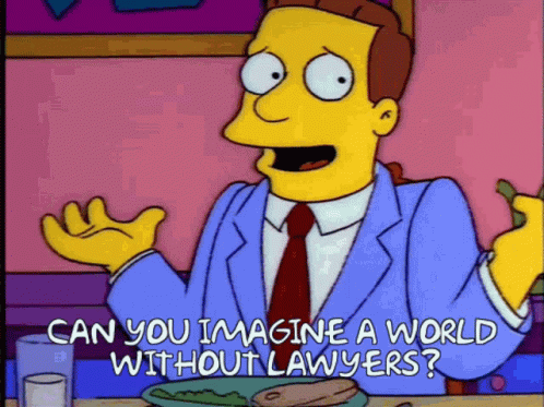 A Cartoon Character Says " Can You Imagine A World Without Lawyers " While Sitting At A Table With A Plate Of Food GIF