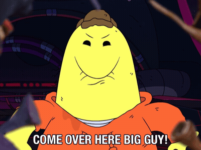 A Cartoon Character Says Come Over Here Big Guy In A Dark Room GIF