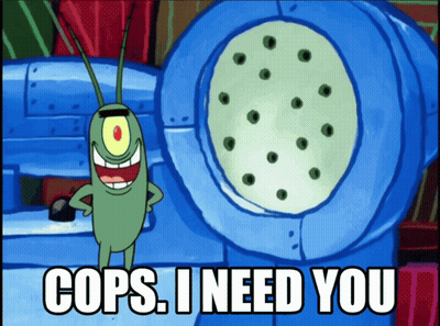 A Cartoon Character Says " Cops I Need You " In Front Of A Machine GIF