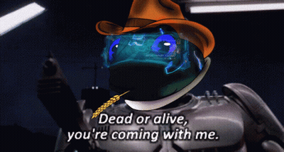 A Cartoon Character Says " Dead Or Alive You 'Re Coming With Me " While Holding A Gun GIF
