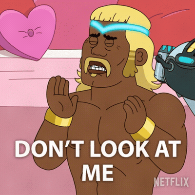 A Cartoon Character Says " Do N't Look At Me " In Front Of A Pink Heart GIF