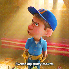 A Cartoon Character Says " Excuse My Potty Mouth " While Wearing A Blue Hat GIF