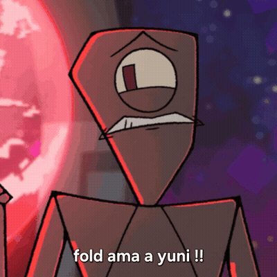 A Cartoon Character Says Fold Ama A Yuni In Front Of A Full Moon GIF