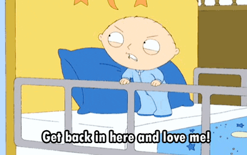 A Cartoon Character Says " Get Back In Here And Love Me " While Standing On A Bed GIF