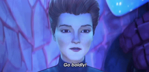 A Cartoon Character Says Go Boldly In A Purple Room . GIF