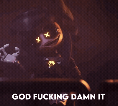A Cartoon Character Says God Fucking Damn It In A Dark Room GIF