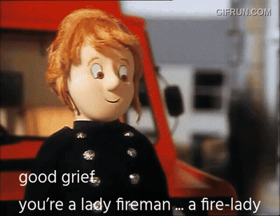A Cartoon Character Says " Good Grief You 'Re A Lady Fireman " GIF