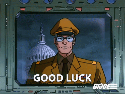 A Cartoon Character Says Good Luck In Front Of A Building GIF
