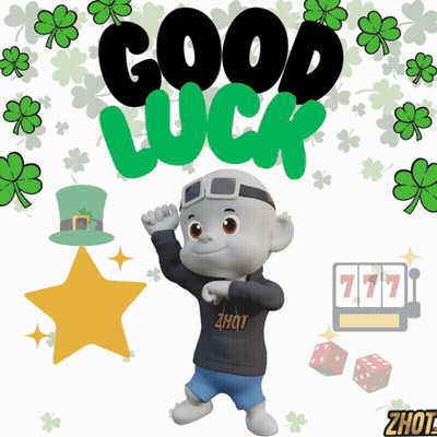 A Cartoon Character Says Good Luck With Shamrocks In The Background GIF