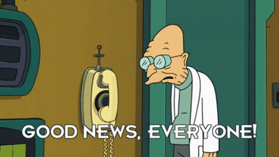 A Cartoon Character Says " Good News Everyone " In Front Of A Telephone GIF