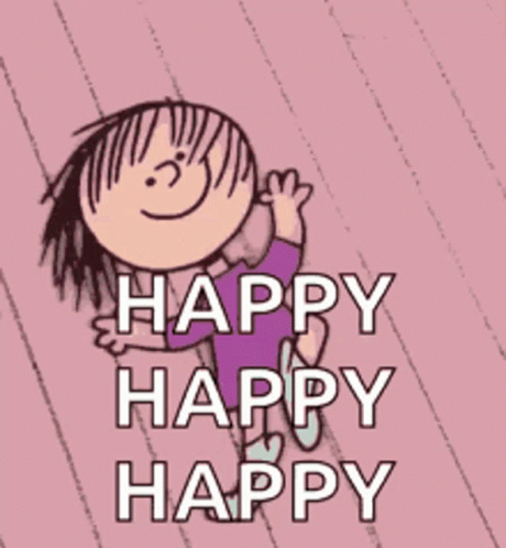 A Cartoon Character Says Happy Happy Happy In A Pink Background GIF