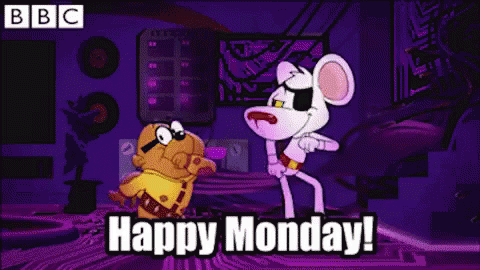 A Cartoon Character Says Happy Monday In A Purple Room . GIF