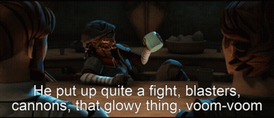 A Cartoon Character Says He Put Up Quite A Fight Blasters Cannons That Glowy Thing GIF