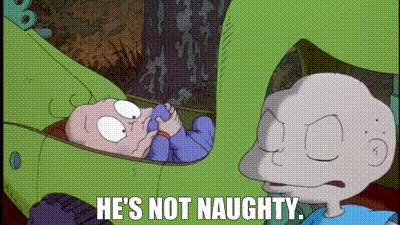 A Cartoon Character Says He 'S Not Naughty Next To A Baby GIF