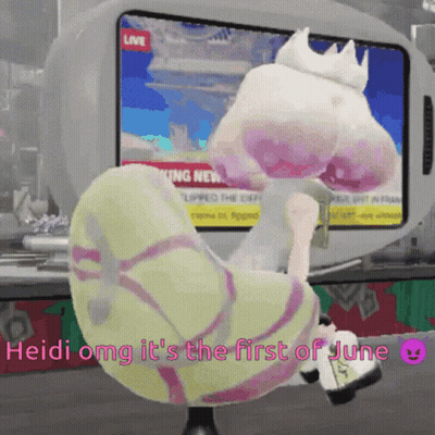 A Cartoon Character Says " Heidi Omg It 'S The First Of June " In Front Of A Tv GIF