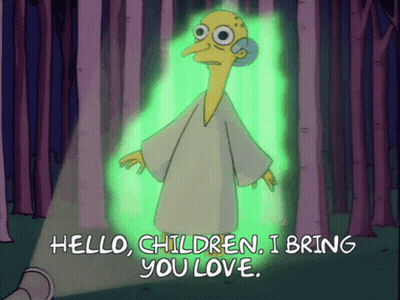 A Cartoon Character Says Hello Children I Bring You Love In A Forest GIF
