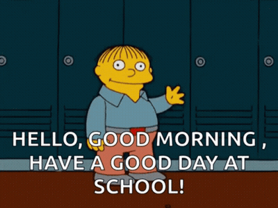 A Cartoon Character Says Hello Good Morning Have A Good Day At School .. GIF