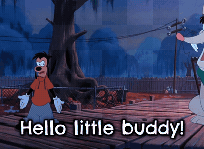 A Cartoon Character Says Hello Little Buddy While Standing On A Dock GIF