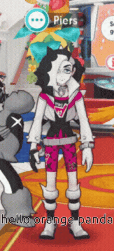 A Cartoon Character Says Hello Orange Panda In Front Of A Sign That Says Piers GIF