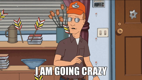 A Cartoon Character Says " I Am Going Crazy " In Front Of A Door GIF