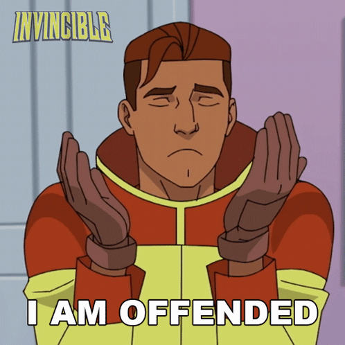A Cartoon Character Says I Am Offended With His Hands Up GIF