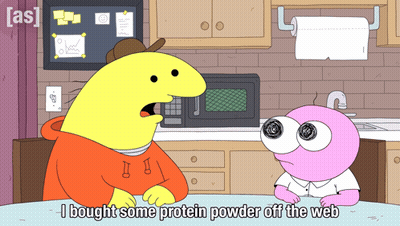 A Cartoon Character Says " I Bought Some Protein Powder Off The Web " In Front Of A Microwave GIF