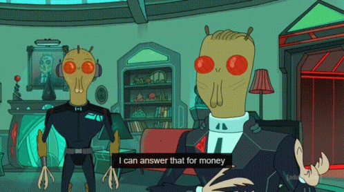 A Cartoon Character Says " I Can Answer That For Money " While Standing Next To Another Character GIF