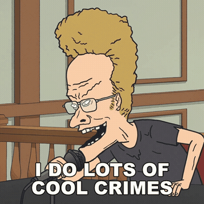 A Cartoon Character Says " I Do Lots Of Cool Crimes " While Holding A Microphone GIF