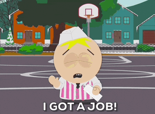 A Cartoon Character Says I Got A Job In Front Of A Basketball Hoop GIF