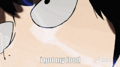 A Cartoon Character Says " I Got My Food " In Front Of A Purple Light GIF