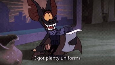 A Cartoon Character Says " I Got Plenty Uniforms " While Holding A Pencil GIF