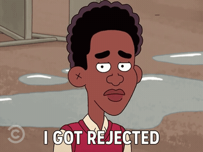 a cartoon character says " i got rejected " in front of a puddle of water