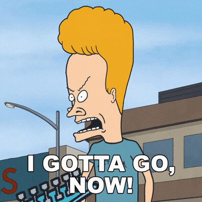 A Cartoon Character Says " I Gotta Go Now " In Front Of A Building GIF