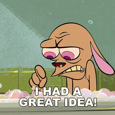 A Cartoon Character Says " I Had A Great Idea " In A Bathroom GIF
