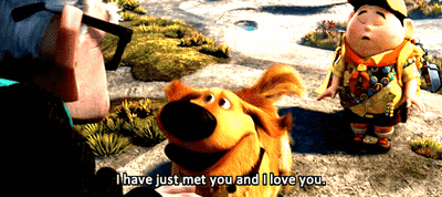 A Cartoon Character Says " I Have Just Met You And I Love You " In Front Of A Dog GIF