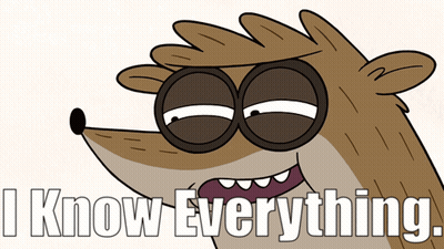 A Cartoon Character Says " I Know Everything " In Front Of A White Background GIF