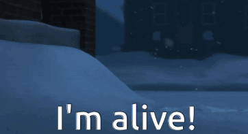 A Cartoon Character Says I 'M Alive In Front Of A Building GIF