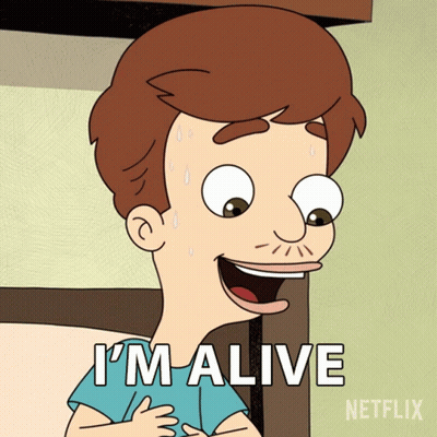 A Cartoon Character Says " I 'M Alive " In White Letters GIF