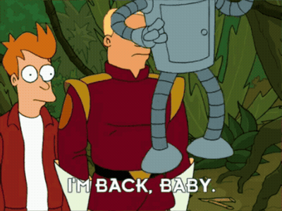 A Cartoon Character Says I 'M Back Baby While Holding A Robot GIF
