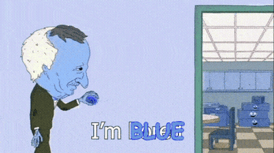 A Cartoon Character Says I 'M Blue In Front Of A Doorway GIF