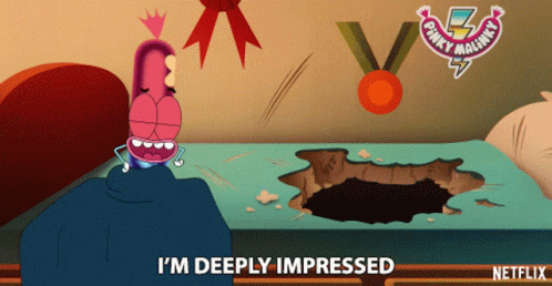 A Cartoon Character Says I 'M Deeply Impressed In Front Of A Bed With A Hole In It GIF