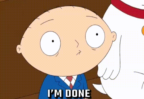 A Cartoon Character Says I 'M Done Next To A White Chicken . GIF