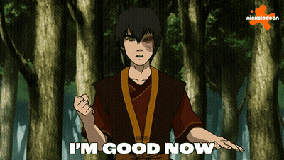 A Cartoon Character Says I 'M Good Now In Front Of Trees GIF