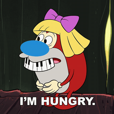 A Cartoon Character Says " I 'M Hungry " In Front Of A Piano GIF