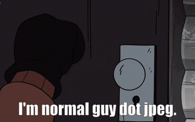 A Cartoon Character Says " I 'M Normal Guy Dot Jpeg " In Front Of A Door GIF