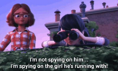 A Cartoon Character Says I 'M Not Spying On Him While Another Character Looks Through Binoculars GIF